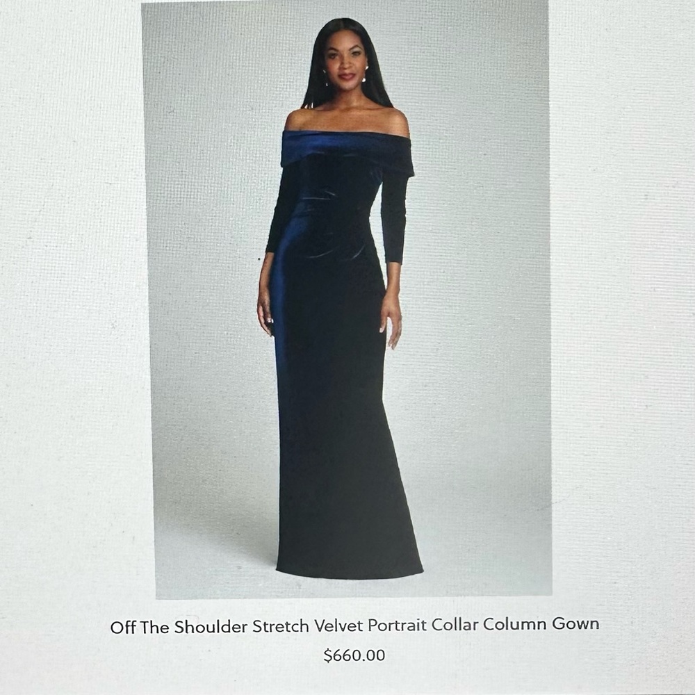 Ricki Freeman for Teri Jon-Sapphire Off The Shoulder Velvet Portrait Collar Gown
